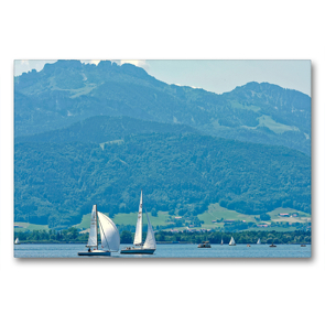 Premium Textil-Leinwand 90 x 60 cm Quer-Format Chiemsee – Wassersport bei Kaiserwetter | Wandbild, HD-Bild auf Keilrahmen, Fertigbild auf hochwertigem Vlies, Leinwanddruck von Dieter-M. Wilczek