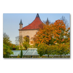 Premium Textil-Leinwand 90 x 60 cm Quer-Format Das Glashaus (ehem. Gewächshaus) und die Derneburg | Wandbild, HD-Bild auf Keilrahmen, Fertigbild auf hochwertigem Vlies, Leinwanddruck von Barbara Hilmer-Schröer u. Ralf Schröer