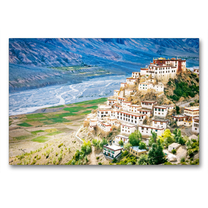 Premium Textil-Leinwand 90 x 60 cm Quer-Format Das hochgelegene tibetisch-buddhistisches Kloster Ki Gompa am Spiti-Fluss | Wandbild, HD-Bild auf Keilrahmen, Fertigbild auf hochwertigem Vlies, Leinwanddruck von CALVENDO