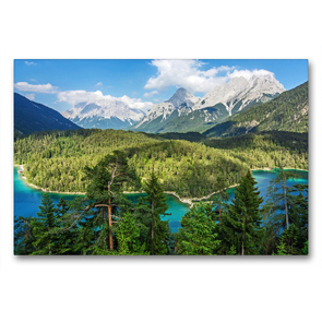 Premium Textil-Leinwand 90 x 60 cm Quer-Format Der Blindsee mit Blick auf Zugspitze und Sonnenspitze | Wandbild, HD-Bild auf Keilrahmen, Fertigbild auf hochwertigem Vlies, Leinwanddruck von Sascha Ferrari