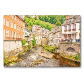 Premium Textil-Leinwand 90 x 60 cm Quer-Format Der pittoreske Ortskern mit seinen Fachwerkhäusern über der Rur in Monschau, Eifel | Wandbild, HD-Bild auf Keilrahmen, Fertigbild auf hochwertigem Vlies, Leinwanddruck von Bettina Hackstein