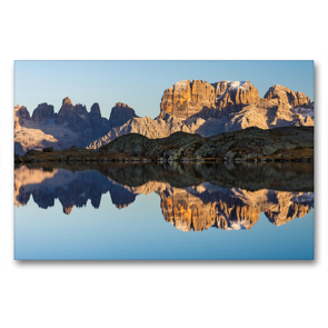 Premium Textil-Leinwand 90 x 60 cm Quer-Format Die Gipfel der Brenta Dolomiten spiegeln sich perfekt im Lago Nero. | Wandbild, HD-Bild auf Keilrahmen, Fertigbild auf hochwertigem Vlies, Leinwanddruck von Martin Zwick