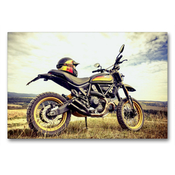 Premium Textil-Leinwand 90 x 60 cm Quer-Format Ducati Scrambler Desert Sled auf Hochebene im Herbst | Wandbild, HD-Bild auf Keilrahmen, Fertigbild auf hochwertigem Vlies, Leinwanddruck von Peter Franko