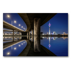 Premium Textil-Leinwand 90 x 60 cm Quer-Format Düsseldorf Hochwasser unter der Rheinkniebrücke | Wandbild, HD-Bild auf Keilrahmen, Fertigbild auf hochwertigem Vlies, Leinwanddruck von Alexander Gründel