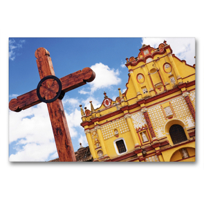 Premium Textil-Leinwand 90 x 60 cm Quer-Format Ein Holzkreuz vor der Kathedrale San Cristobal de las Casas | Wandbild, HD-Bild auf Keilrahmen, Fertigbild auf hochwertigem Vlies, Leinwanddruck von CALVENDO