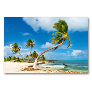 Premium Textil-Leinwand 90 x 60 cm Quer-Format Ein kleines Boot ankert vor einem traumhaften Palmenstrand an der Costa Maya | Wandbild, HD-Bild auf Keilrahmen, Fertigbild auf hochwertigem Vlies, Leinwanddruck von CALVENDO