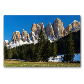 Premium Textil-Leinwand 90 x 60 cm Quer-Format Frühling auf der Zanser Alm und den mächtigen Gipfeln der Geislergruppe in den Dolomiten Südtirols | Wandbild, HD-Bild auf Keilrahmen, Fertigbild auf hochwertigem Vlies, Leinwanddruck von Martin Zwick