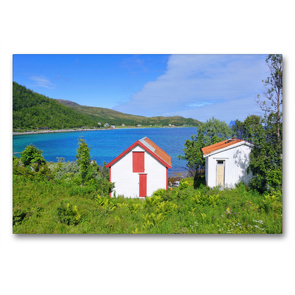 Premium Textil-Leinwand 90 x 60 cm Quer-Format Hütten am Fjord | Wandbild, HD-Bild auf Keilrahmen, Fertigbild auf hochwertigem Vlies, Leinwanddruck von Gisela Scheffbuch