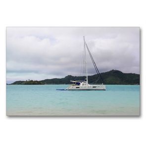 Premium Textil-Leinwand 90 x 60 cm Quer-Format Katamaran in der Baie Mataorio vor Bora Bora in der Südsee | Wandbild, HD-Bild auf Keilrahmen, Fertigbild auf hochwertigem Vlies, Leinwanddruck von Jana Thiem-Eberitsch