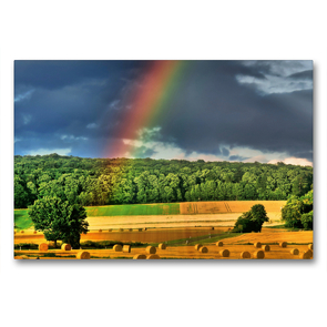 Premium Textil-Leinwand 90 x 60 cm Quer-Format Regenbogen über den Feldern bei Niestetal | Wandbild, HD-Bild auf Keilrahmen, Fertigbild auf hochwertigem Vlies, Leinwanddruck von Sabine Löwer