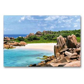 Premium Textil-Leinwand 90 x 60 cm Quer-Format Strandbucht auf La Digue | Wandbild, HD-Bild auf Keilrahmen, Fertigbild auf hochwertigem Vlies, Leinwanddruck von Jürgen Feuerer