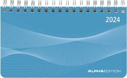 Querkalender Mini PP-Einband blau 2024 – Tisch-Kalender – Büro-Planer 15,6×9 cm – 1 Woche 2 Seiten – Ringbindung – Alpha Edition