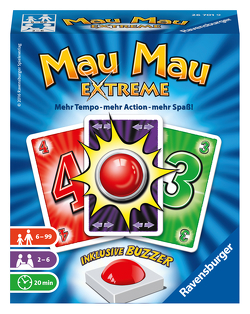Ravensburger 26701 – Mau Mau Extreme, Kartenspiel mit Buzzer, Klassiker für 2-6 Spieler, Ablegespiel für Kinder und Erwachsene ab 6 Jahren