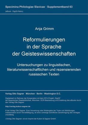 Reformulierungen in der Sprache der Geisteswissenschaften von Grimm,  Anja