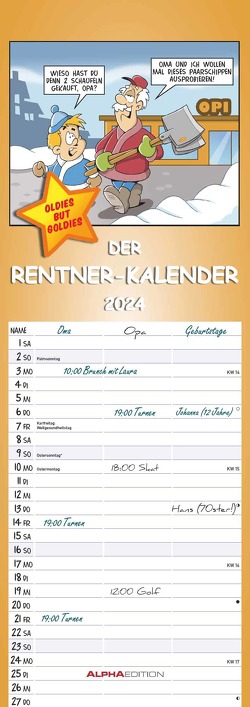 Rentnerkalender 2024 – Streifen-Kalender 15×42 cm – mit lustigen Cartoons – Humor-Kalender – Wandplaner – Alpha Edition