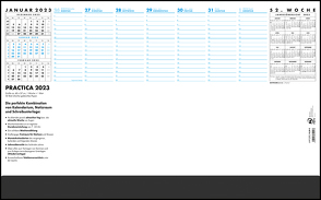 Schreibunterlage Practica 2023 – 59,5×37 cm – 1 Woche auf 1 Blatt – 52 Blatt, mit stabiler Kartonunterlage – inkl. schwarzer Schutzleiste – 102-1020