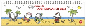 sheepworld Wochenquerplaner 2023. Praktischer Tischquerkalender mit Spiralbindung und niedlichen Schaf-Cartoons. Liebevoll illustrierter Tisch-Kalender. von Heye