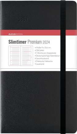 Slimtimer Premium Black 2024 – Taschen-Kalender 9×15,6 cm – mit Verschlussband & Falttasche – Balacron Einband – Weekly – 128 Seiten – Alpha Edition