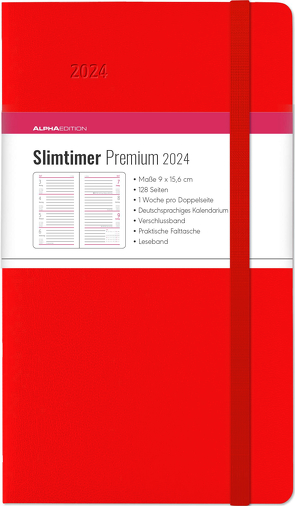 Slimtimer Premium Red 2024 – Taschen-Kalender 9×15,6 cm – mit Verschlussband & Falttasche – Balacron Einband – Weekly – 128 Seiten – Alpha Edition