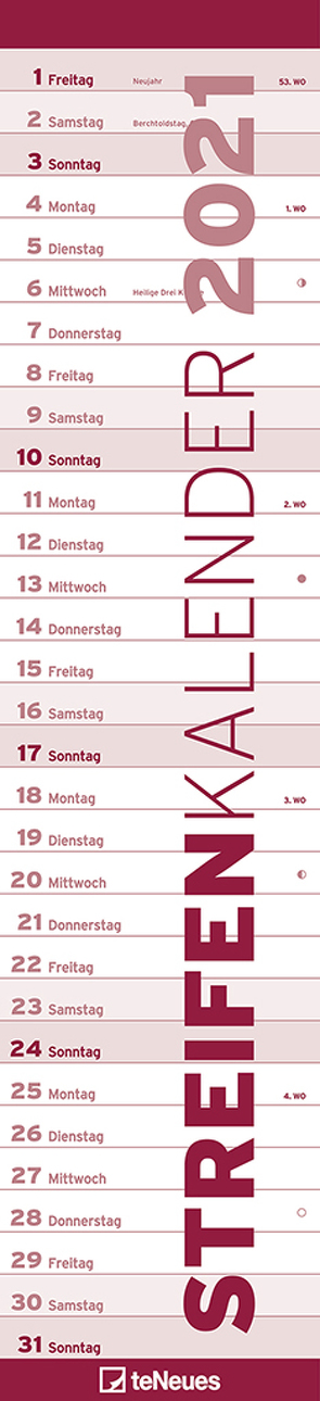 Streifenkalender ROT 2021 – Streifenplaner – Wandplaner – Küchen-Kalender – 11,3×49,5