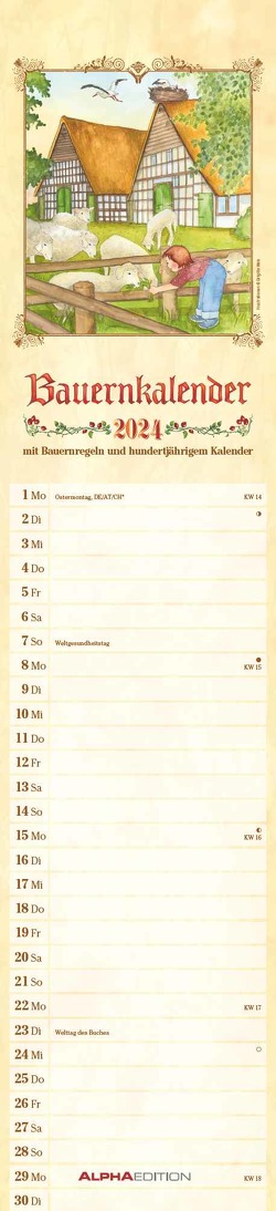 Streifenplaner Bauernkalender 2024 – Streifen-Kalender 11,3x49x5 cm – mit 100-jährigem Kalender und Bauernregeln – Wandplaner – Alpha Edition