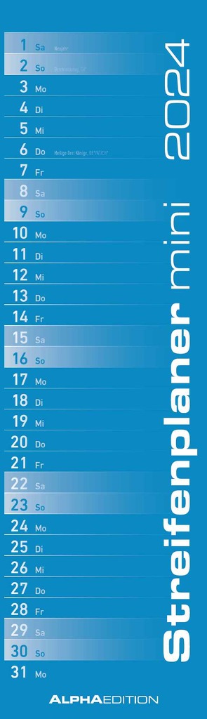 Streifenplaner Mini BLAU 2024 – Streifenkalender – Wandplaner – Küchen-Kalender – 9,5×33