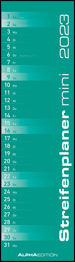 Streifenplaner Mini MINT 2023 – Streifenkalender – Wandplaner – Küchen-Kalender – 9,5×33