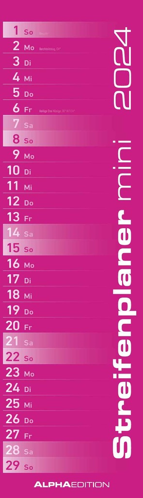 Streifenplaner Mini PINK 2024 – Streifenkalender – Wandplaner – Küchen-Kalender – 9,5×33