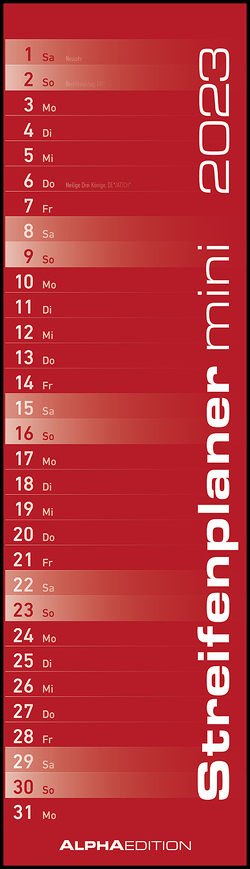 Streifenplaner Mini Rot 2023 – Streifen-Kalender 9,5×33 cm – Küchenkalender – Wandplaner – Alpha Edition