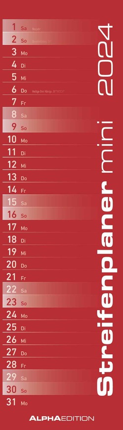 Streifenplaner Mini Rot 2024 – Streifen-Kalender 9,5×33 cm – Küchenkalender – Wandplaner – Alpha Edition