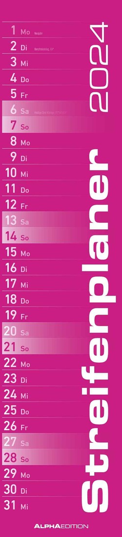 Streifenplaner PINK 2024 – Streifenkalender – Wandplaner – Küchen-Kalender – 11,3×49,5