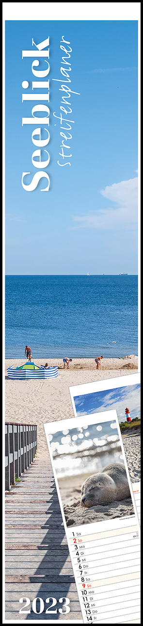 Streifenplaner Seeblick 2023 – Streifen-Kalender 11,3x49x5 cm – Strand und Meer – Küchenkalender – Wandplaner – Alpha Edition