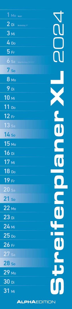 Streifenplaner XL BLAU 2024 – Streifenkalender 15×64 cm – Wandplaner – Küchenkalender – schmales Design – eine Spalte – Langplaner