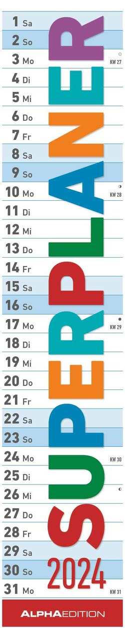 Superplaner 2024 – Streifenkalender 17×85 cm – mit Ringbindung – viel Platz für Notizen – Langplaner – Wandkalender – Küchenkalender – Alpha Edition