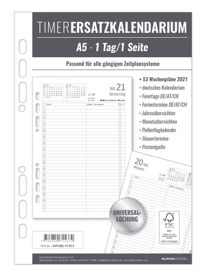 Timer Ersatzkalendarium A5 2021 – Bürokalender – Buchkalender A5 (15×21 cm) – Universallochung – 1 Tag 1 Seite – 352 Seiten – Alpha Edition