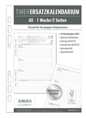 Timer Ersatzkalendarium A5 2021 – Bürokalender – Buchkalender A5 (15×21 cm) – Universallochung – 1 Woche 2 Seiten – 128 Seiten – Alpha Edition