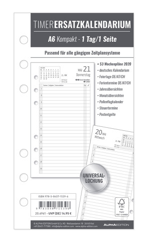 Timer Ersatzkalendarium A6 2020 – Bürokalender – Buchkalender A6 (9,5 x 17) – Universallochung – 1 Tag 1 Seite – 352 Seiten von ALPHA EDITION