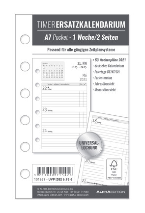 Timer Ersatzkalendarium A7 2021 – Bürokalender – Buchkalender A7 (8×13 cm) – Universallochung – 1 Woche 2 Seiten – 128 Seiten – Alpha Edition