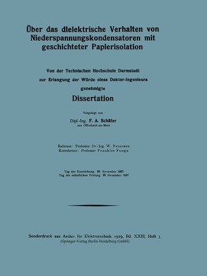 Über das dielektrische Verhalten von Niederspannungskondensatoren mit geschichteter Papierisolation von Schäfer,  Friedrich August