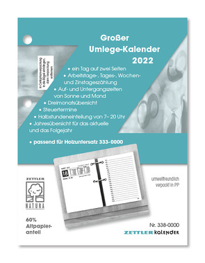 Großer Umlege-Kalender 2022 – 10,5×14,2 cm – 1 Tag auf 2 Seiten – zum Einheften – Bürokalender mit 2-fach Lochung – Stundeneinteilung von 7 – 20 Uhr – 338-0000