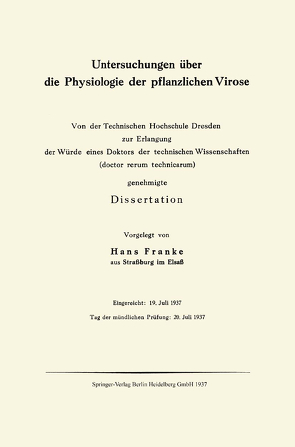 Untersuchungen über die Physiologie der pflanzlichen Virose von Franke,  Hans