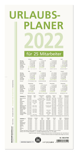 Urlaubsplaner 2022 – 100×29,7 cm – 16 Monate – für bis zu 25 Personen – aus Recyclingpapier – Blauer Engel – Wandplaner – 992-0700