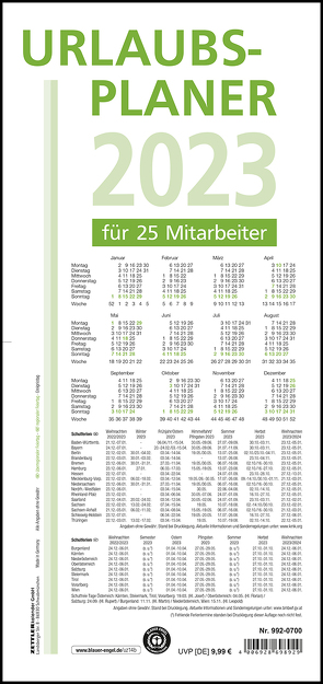 Urlaubsplaner 2023 100×29,7 – 16 Monate- Wandplaner – gefalzt – für 25 Personen – 992-0000