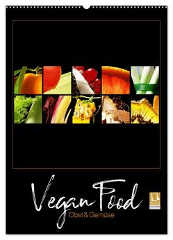 Vegan Food Kalender – Obst und Gemüse auf Schwarz (Wandkalender 2024 DIN A2 hoch), CALVENDO Monatskalender von Hergenhan,  Georg