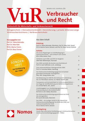 Verbraucher und Recht (VuR) von Brönneke,  Tobias, Rott,  Peter, Tamm,  Marina, Tonner,  Klaus