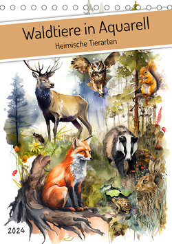 Waldtiere in Aquarell – Heimische Tierarten (Tischkalender 2024 DIN A5 hoch), CALVENDO Monatskalender von Frost,  Anja