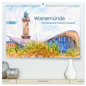 Warnemünde – Die Ostseestadt illustriert in Aquarell (hochwertiger Premium Wandkalender 2024 DIN A2 quer), Kunstdruck in Hochglanz von Frost,  Anja