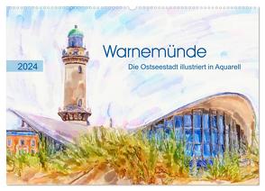 Warnemünde – Die Ostseestadt illustriert in Aquarell (Wandkalender 2024 DIN A2 quer), CALVENDO Monatskalender von Frost,  Anja