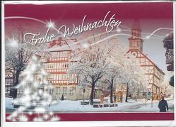 Weihnachts- Doppelkarte B6 “ Rathaus mit Marktplatz im Winter „, mit Umschlag, von Frühauf,  Anneliese