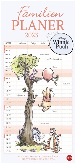 Winnie Puuh Familienplaner 2023. Terminkalender mit Abenteuern von Winnie Puuh und seinen Freunden. Praktischer Wandkalender mit 5 Spalten. Liebevoll illustrierter Wandplaner von Heye